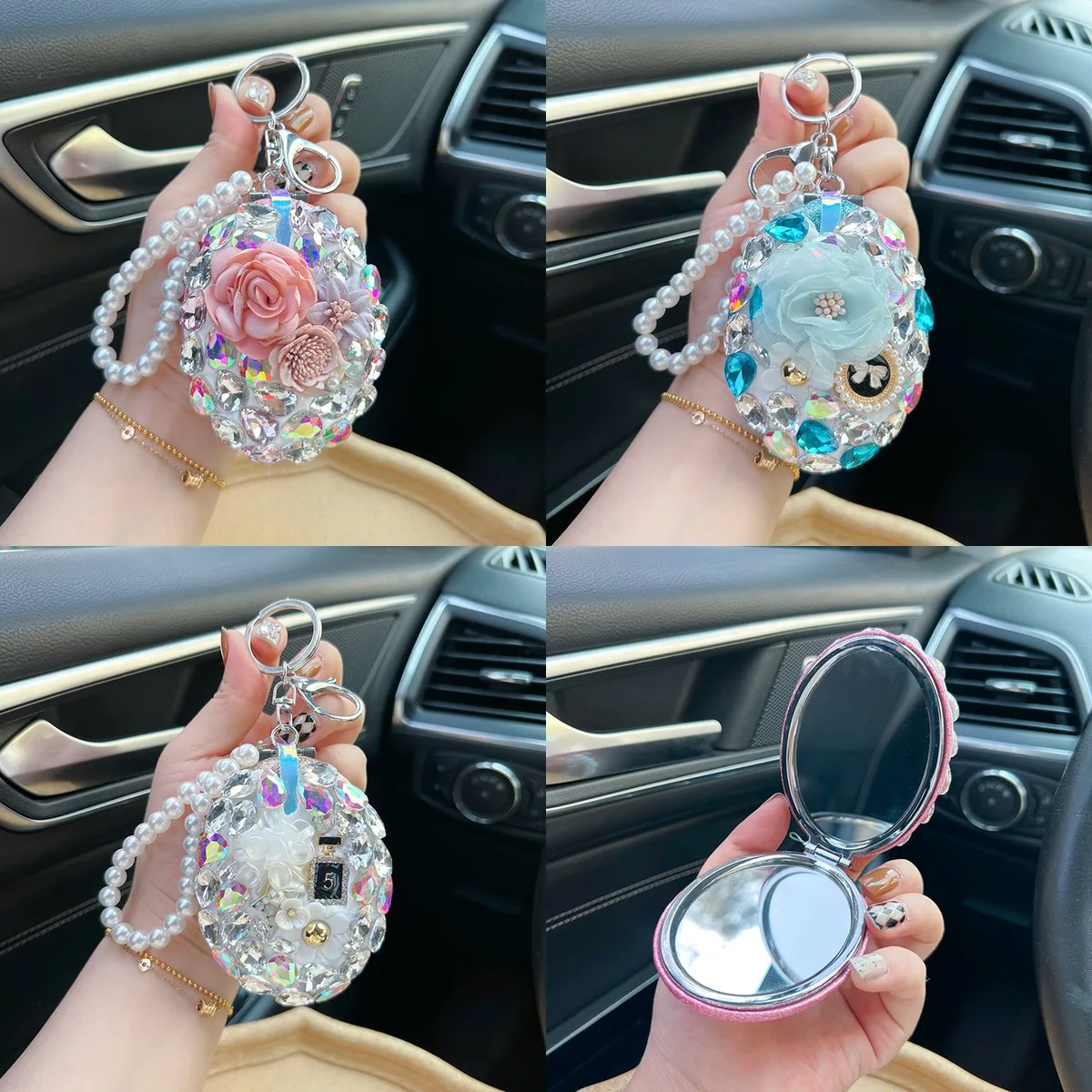 Porte-clés miroir compact en verre cristal – Miroir de maquillage portable pour sacs, cadeaux, accessoires de bricolage (pour tous les appareils)