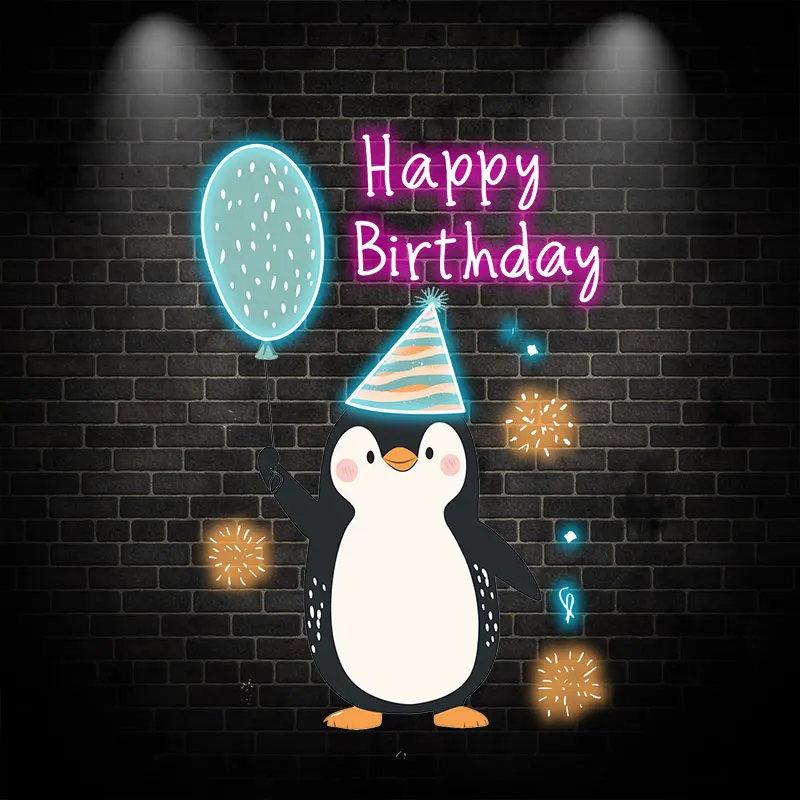 Little Penguin with Balloon Birthday Blessing Neon, LED Decoration Light, Cute Birthday Party Decoration, Creative Gifts