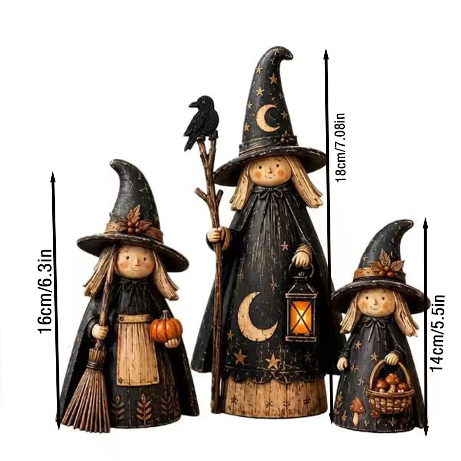 3-teiliges Halloween-Hexen-Tischdekorationsset, schwarz, lila, grün und orange, niedliche Holzdekoration, Hexenfiguren im Landhausstil mit Besen, Kürbis, schwarzer Katze und Geist, geeignet für den Innenbereich, Kamine – Detail 10