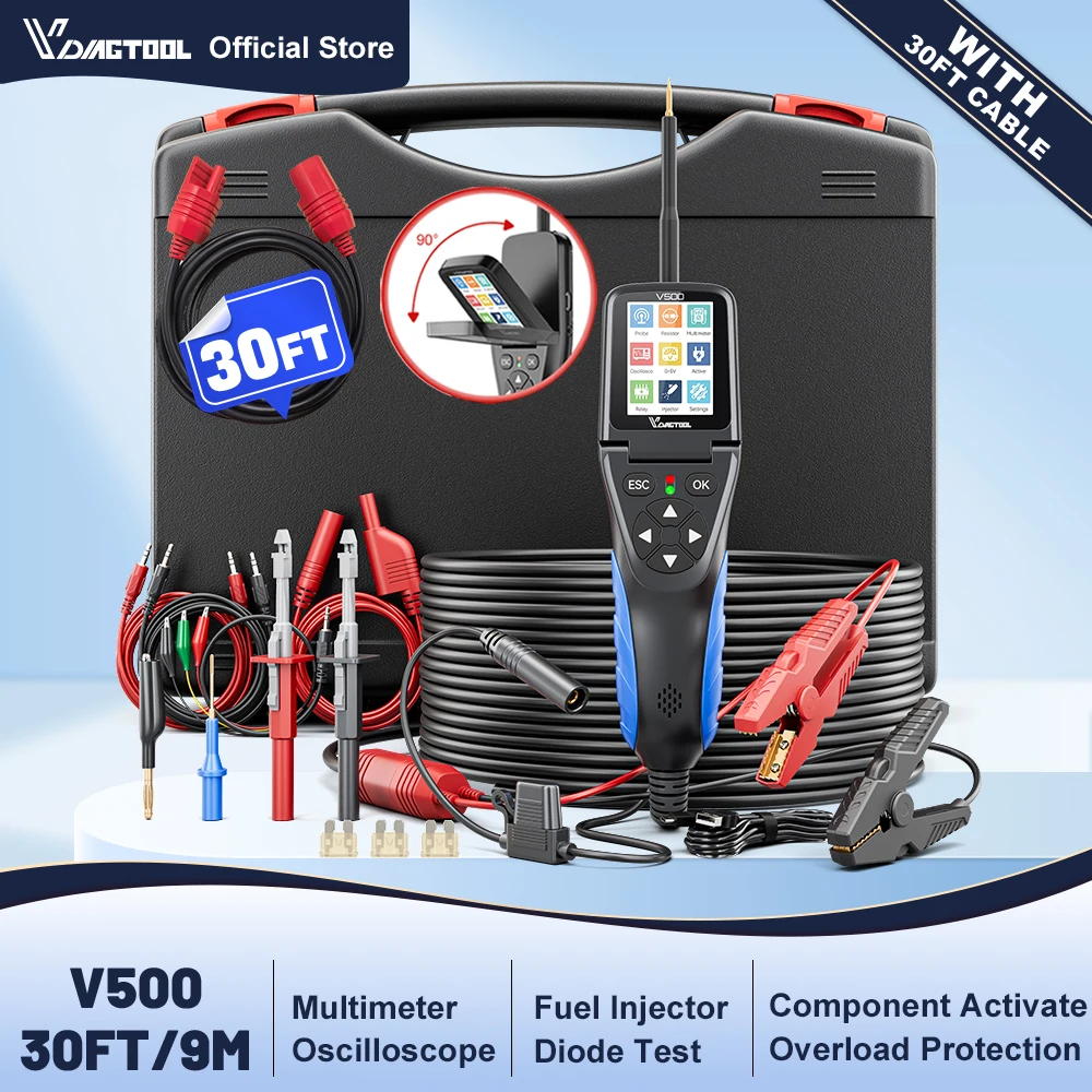 2026 VDIAGTOOL V500 Automotive Power Circuit Probe Tools 9-30V Circuit Tester with Oscilloscope/Multimeter/Relay 30FT/9M Cable