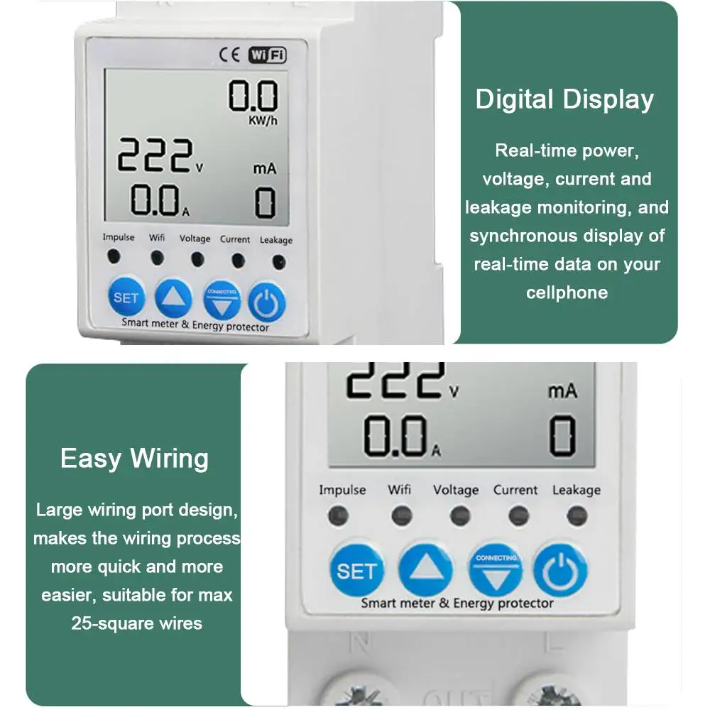 Tuya-Interruptor de Proteção contra Vazamento Inteligente, Monitoramento de Tensão Atual, Disjuntor, Temporizador, Controle App, WiFi, 63A