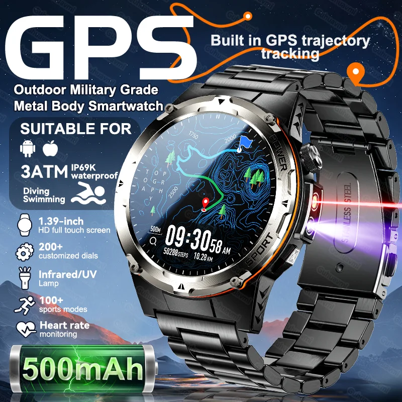 2025 neue Miliary Grade GPS Smart Uhr Männer 3ATM Wasserdichte Infrarot UV Lampe 500 mAh Batterie NFC Bluetooth Anruf sport Smartwatch