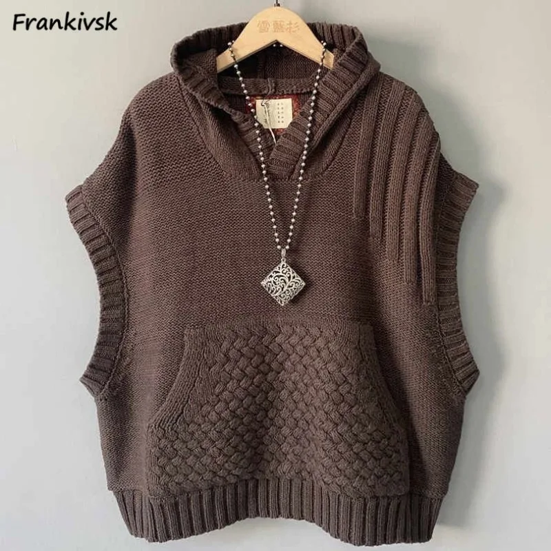 M-4XL Sweater Vest Women Retro Chic Hooded All-match Chinese Style Fashion Ladies Knitwear Front Pocket Autumn Basic Clothing