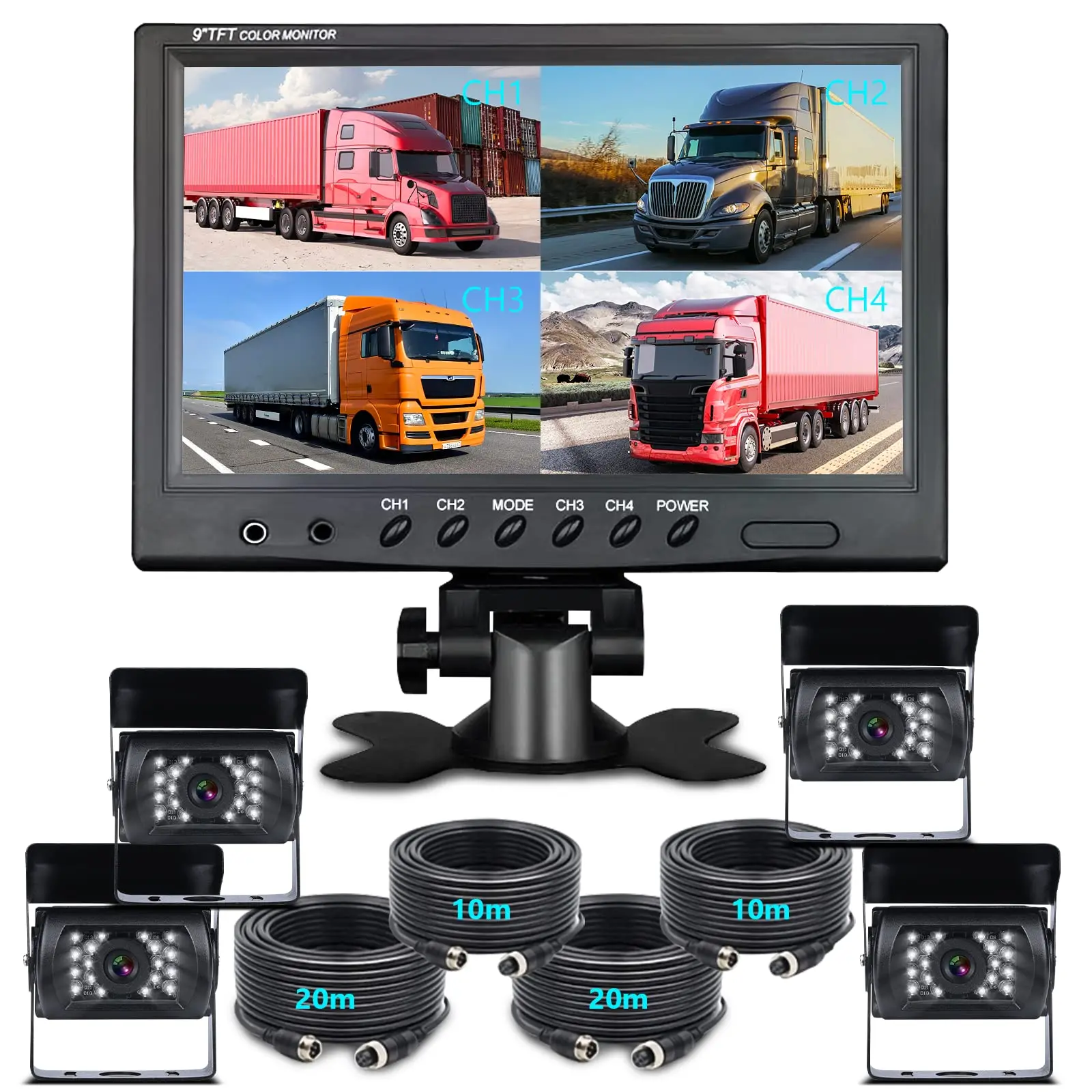 9 Inch Quad Split Waterproof Backup Reverse Camera System Night Vision for 12V 24V Trucks Buses RVs Heavy Vehicles