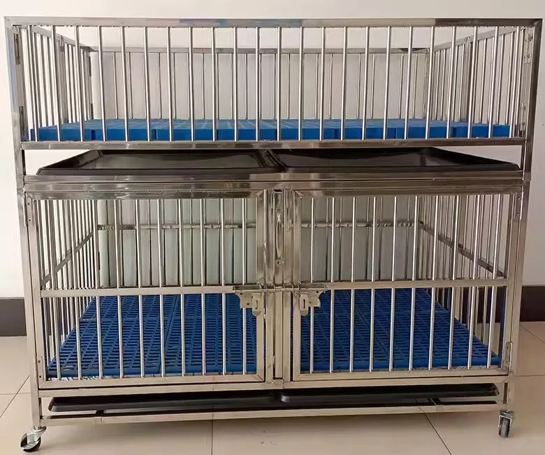 PetFit Modern Stainless Steel Dog Kennel with Plastic Tray Button Closure for Indoor Pet Boarding Veterinary Clinics Durable Des
