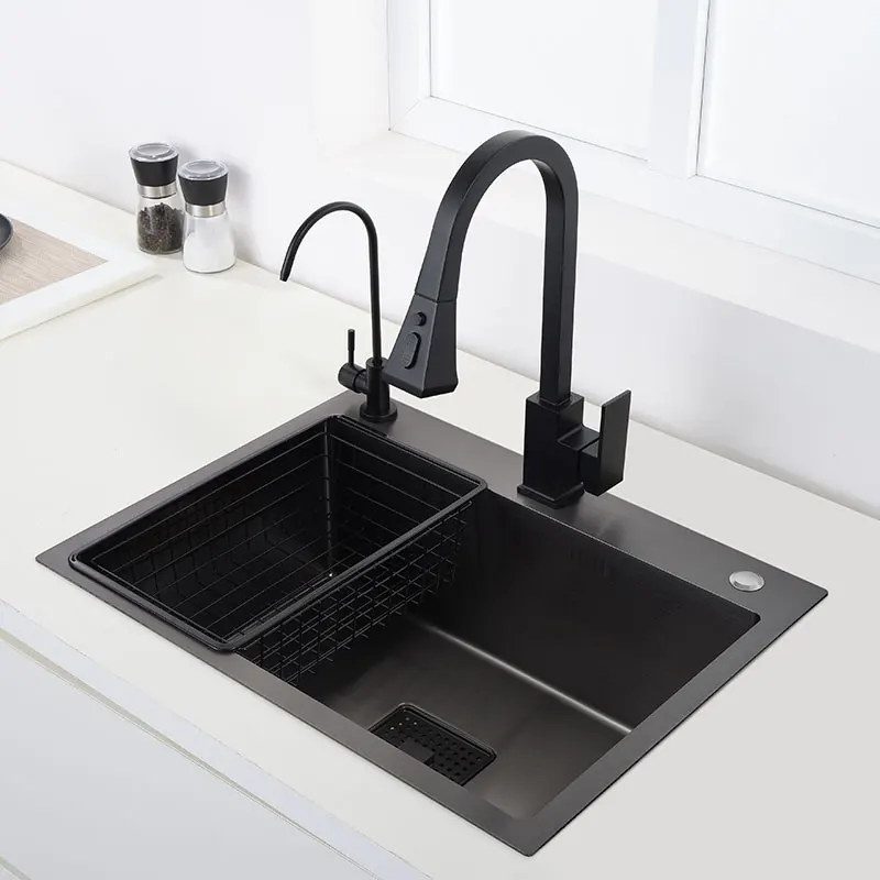 Black sink kitchen single   vegetable washing basin black stainless steel pia    drainer