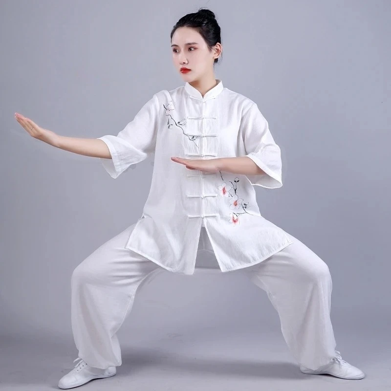flower print cotton linen kung fu wushu set sports morning training exercise chinese kungfu tai chi martial arts uniform