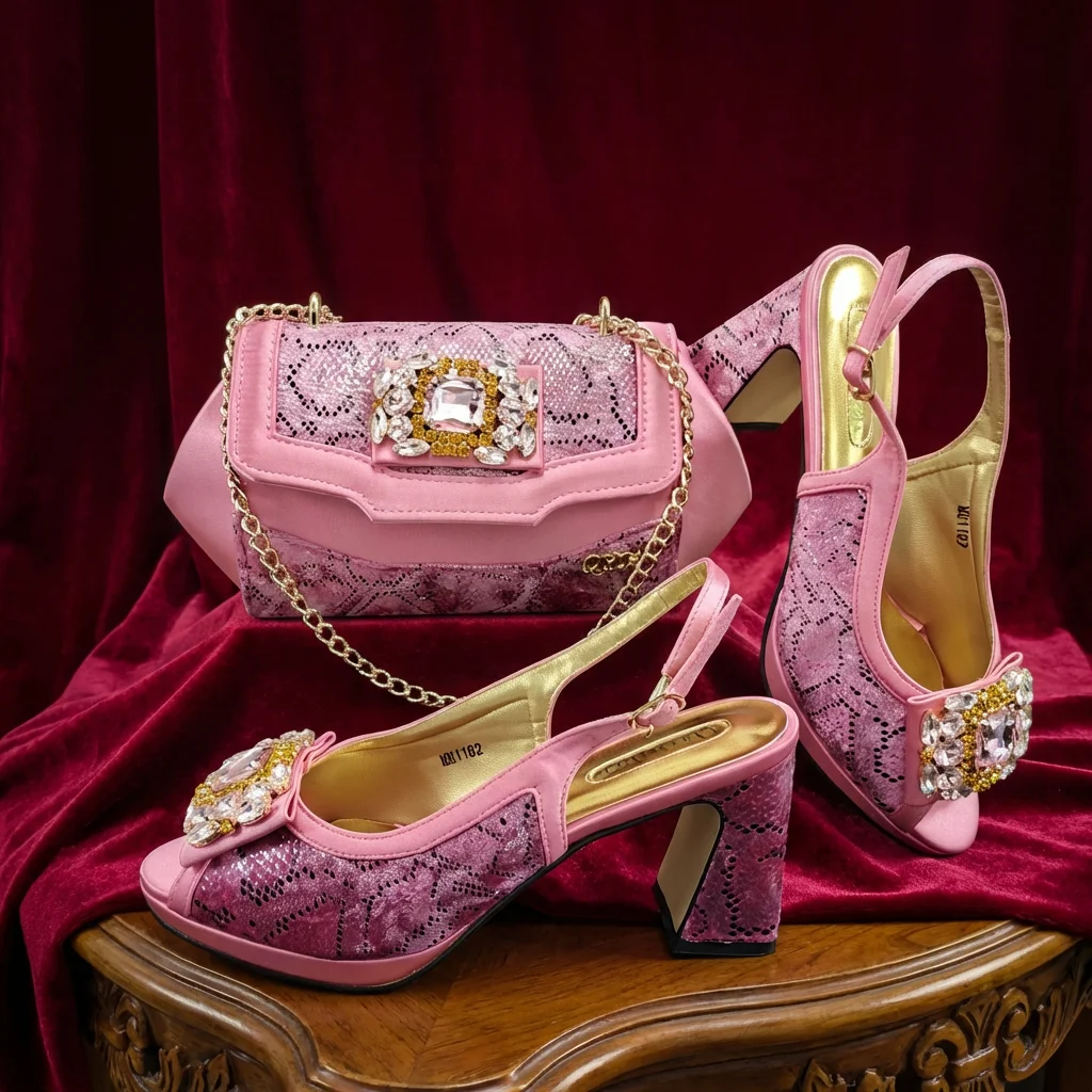 

Новейший дизайнерский комплект в стиле INS: элегантные туфли на высоком каблуке с розовыми стразами для африканских женщин, а также сумка в тон, для особых случаев.