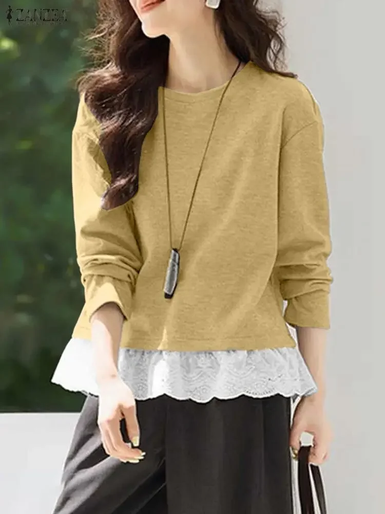2025 ZANZEA Fashion Women Pullovers Sweatshirts Lace Patchwork Solid Jumpers Autumn Long Sleeve Casual Elegant Street Blusas