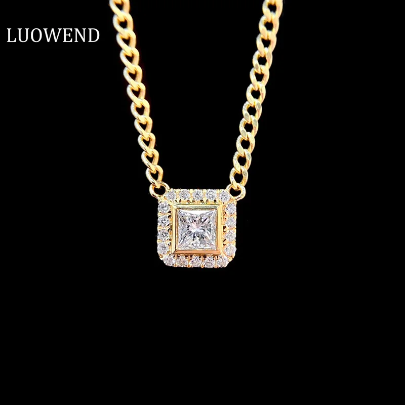 LUOWEND 100% 18K Yellow Gold Necklace Vintage Square Design Real Natural Diamond Pendant Necklace for Women High Party Jewelry