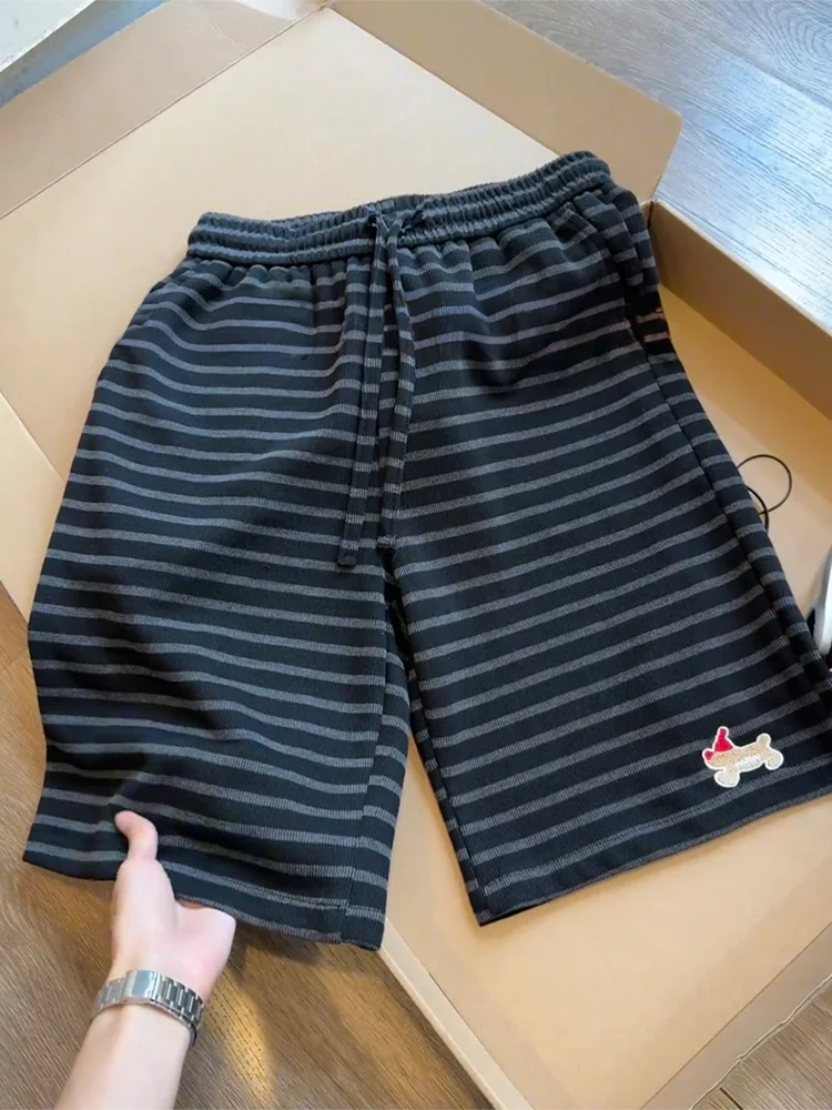 

Мужские летние брюки American Sle с вышивкой и полосками, модный дизайн, спортивные, до середины икры, для пар, в стиле High Street, прямые, повседневные