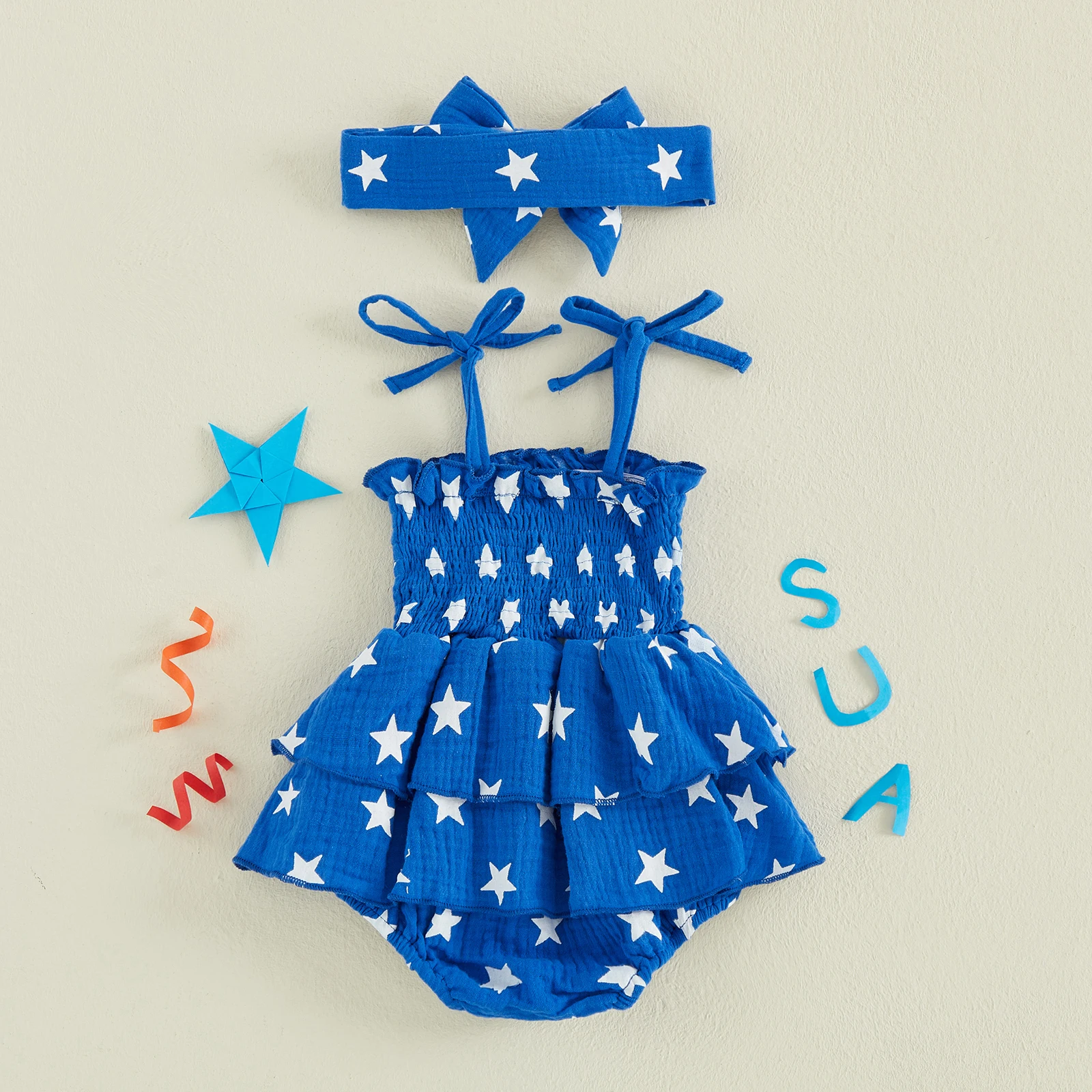 0-24M Infant Baby Girl Summer Romper Dress Independence Day Sleeveless Tie up Shoulder Strap Star Print Cami Bodysuit + Headband