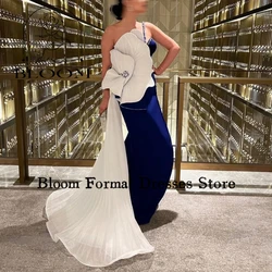 Bloom Customized One-Shoulder Crystal Blue Prom Dresses Sleeveless Ruffles Pleated Tulle Evening Dresses  Wedding Party Dresses