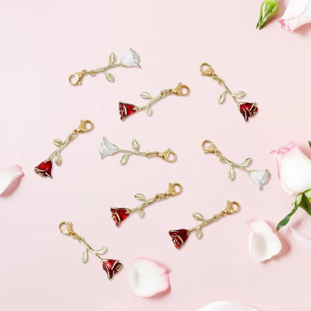 24Pcs 2 Colors Floral Rose Flowers Charms Enamel Valentine Flower  3D Rose Branch  Lobster Clasp Alloy Charmd