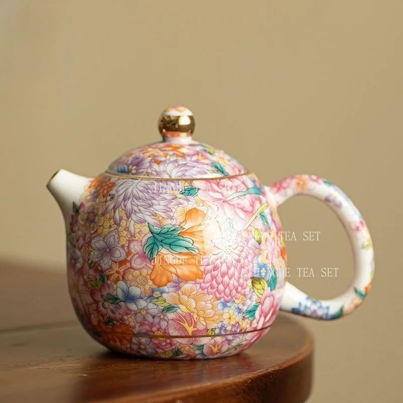 Full Color Floral Porcelain Teapot Gold Trim Wanhua Pattern Ceramic Tea Pot Round Body White Porcelain Gongfu Tea Brewing Kettle