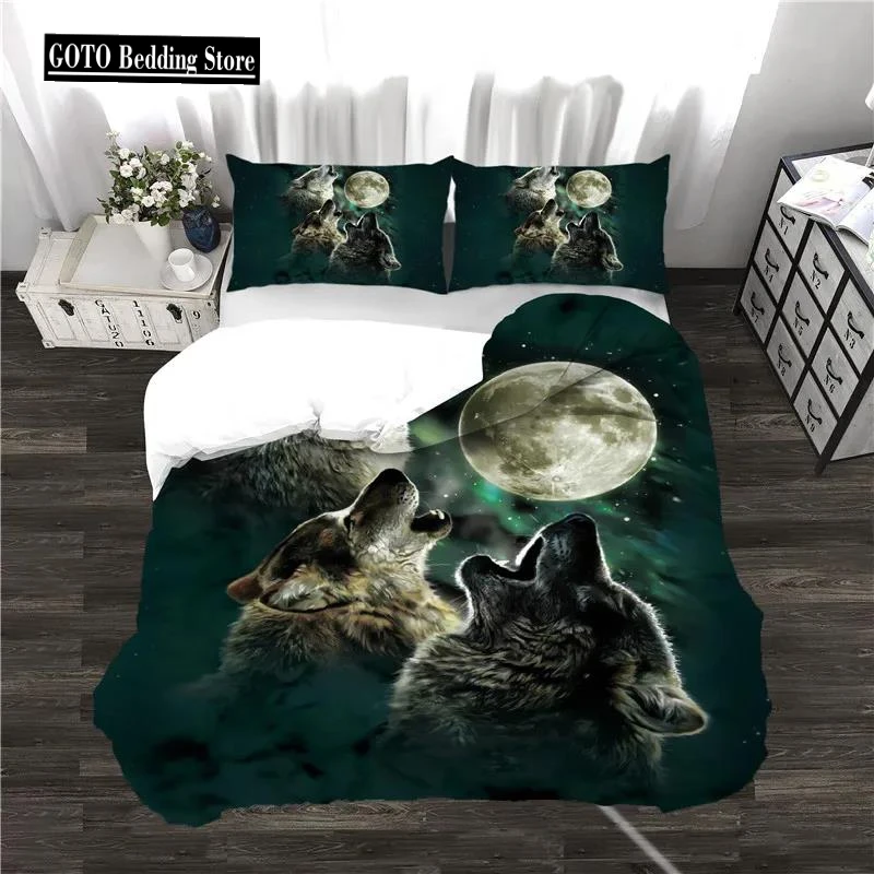 

Wolf Howling At Moon Comforter Bedding,Kids Teens Green Galaxy Universe Animal Quilt Cover Set Included:Duvet Cover Pillowcase