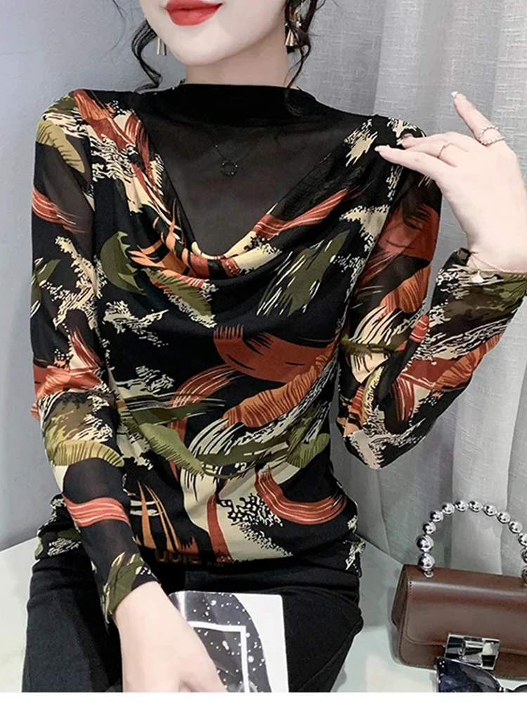 Winsleter Simple Versatile Long Sleeve Tees Autumn Winter Tshirt Women Turtleneck Leopard Print Patchwork Slim Mesh Top T38062JD