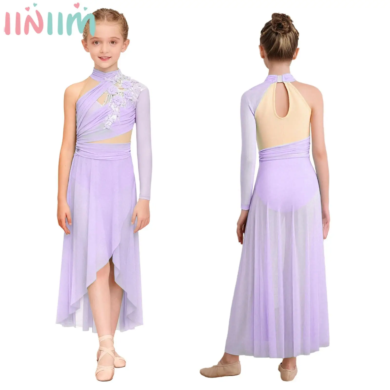 

Детское современное лирическое танцевальное платье для девочек, аппликация на одно плечо, прозрачная сетка, платья для фигурного катания, гимнастики, балета, трико, платья