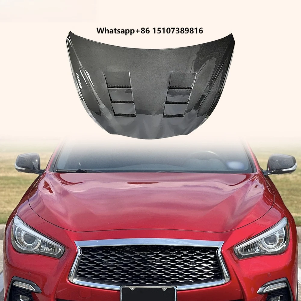 For Q50 V37 Sedan 4 Door 13-24 Carbon V2 Style Front Vented Clear Hood