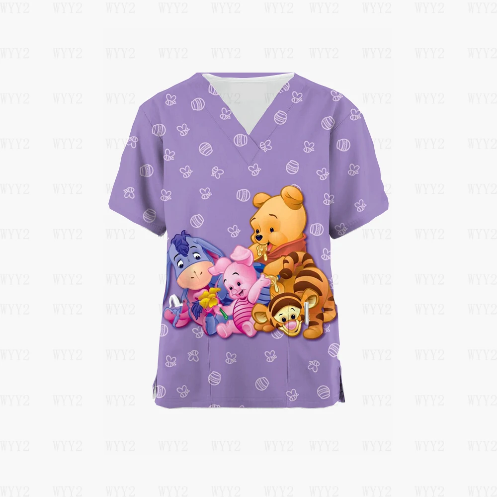 ฤดูร้อนสุภาพสตรีพยาบาล Overalls V คอกระเป๋าพยาบาลชุดพิมพ์ Disney Winnie The Pooh พยาบาลขัด Top Pet Shop พยาบาลเสื้อยืด