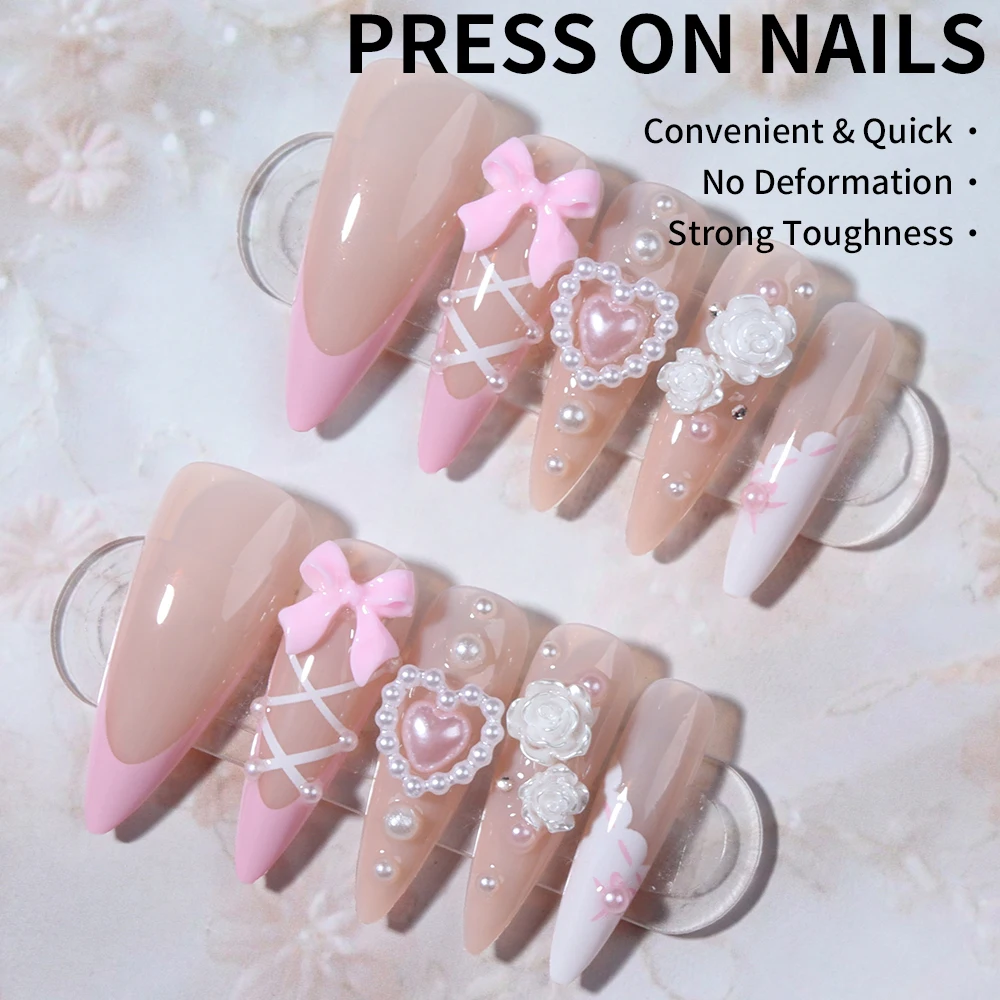 24 قطعة من زهرة اللوز على شكل قلب لؤلؤي اضغط على الأظافر، مجموعة أظافر صناعية من الأكريليك مناسبة تمامًا، تحتوي على قطعة واحدة من غراء الجيلي و1 قطعة Na