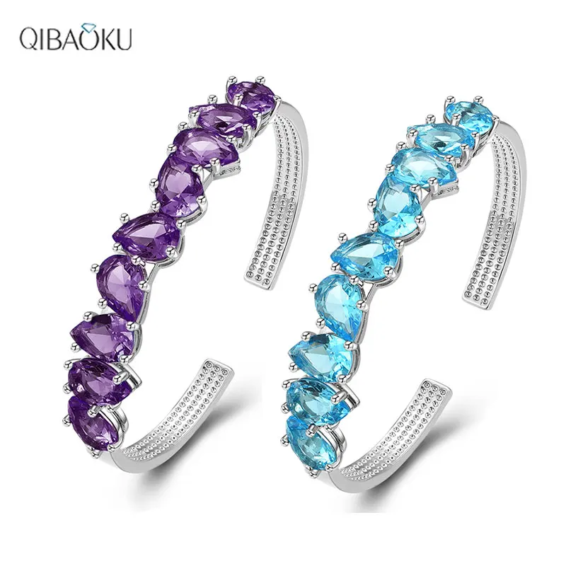 

QIBAOKU S925 Silver Bracelet Waterdrop Pear Amethyst Adjustable Bangle for Women Fine Jewelry Wedding Valentine Day Gift