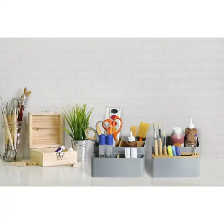 Seville Classics 2 pezzi Bamboo Pen & Pencil Organizer con divisori Drop-In supporto per telefono Set di accessori per scrivania da ufficio, grigio