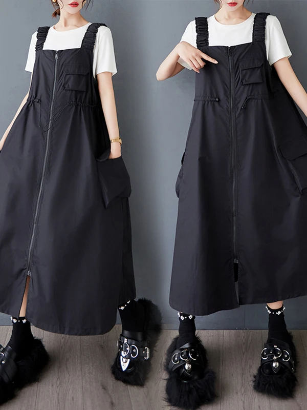 Slimming Design Drawstring Zipper Women's Dress Casual Loose Elastic Vest Skirt A-Line Summer Dresses Ladies Fashion