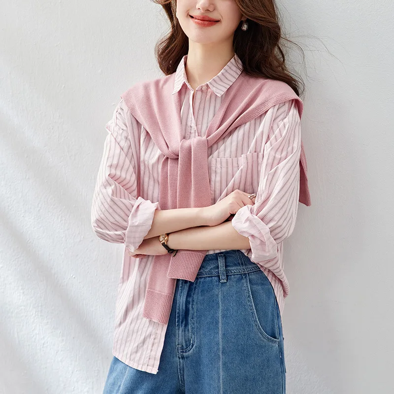 

Pink Striped Women'S Long Sleeve Lapel Shirt Knit Shawl Tops Single Breasted Commuter Office Lady Spring Summer Vintage Shirt