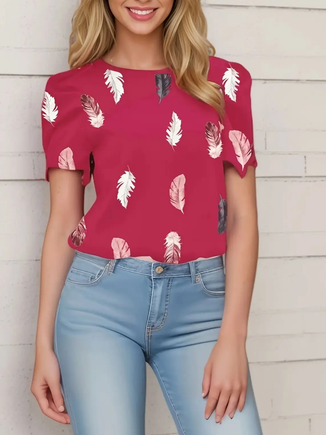 Europe And The United States Ladies Fashion Rose Red Feather Printing Round Collar Casual Short-Sleeved Dress Blouse