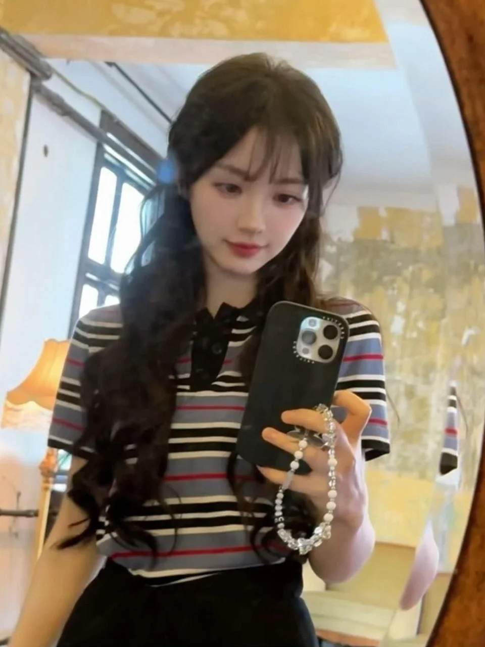 

Tianxiewei Color Block Stripe Knitted Short Sleeve Shirt Women's Korean Style Slim Fit College Style Top Breathable Casu...