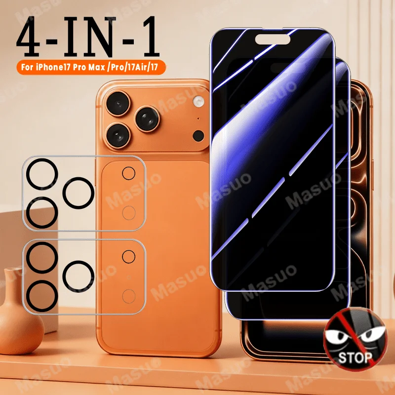 

2Pcs Anti-Spy Screen + 2Pcs Camera Lens Tempered Glass for iPhone 13-17 Series,High Sensitivity,9H Anti-Scratch,Touch Smooth