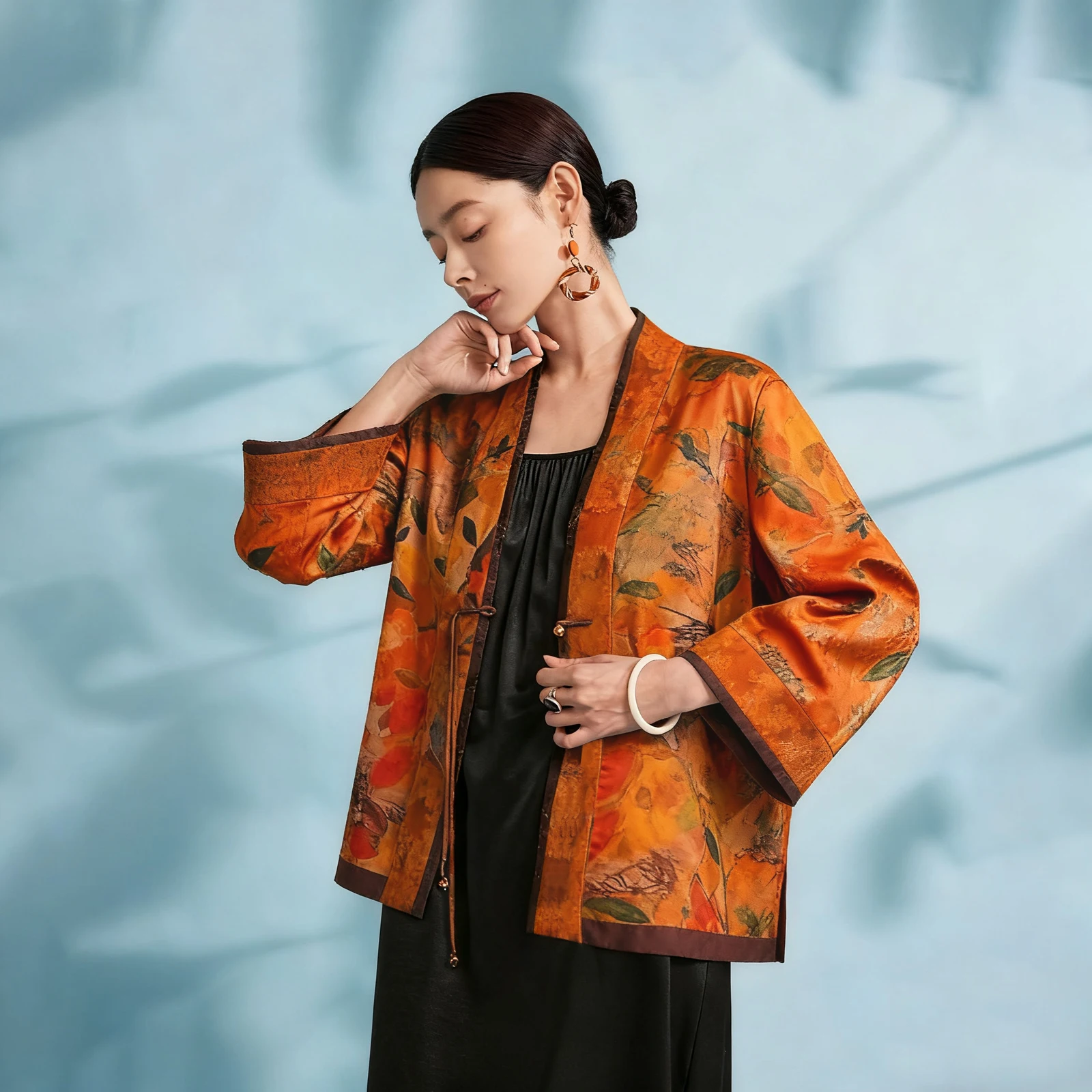 LI SILK CLOUD xiangyunsha Outerwear，Soft Breathable Fabric, Elegant Casual Formal Coat Guangdong Black Pearl Guangdong Gauze