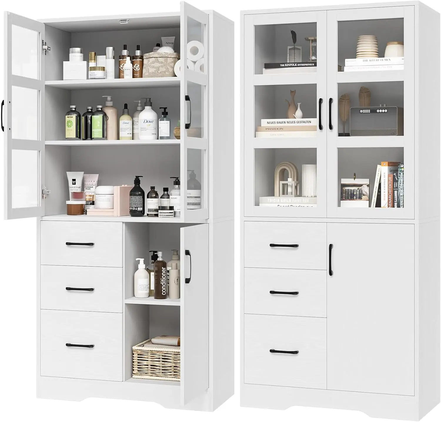 Tall Bathroom Storage Cabinet, Modern Linen Cabinet with 2 Glass Display Doors & Shelves & Drawer, 67” Tall Cabinet Freestanding