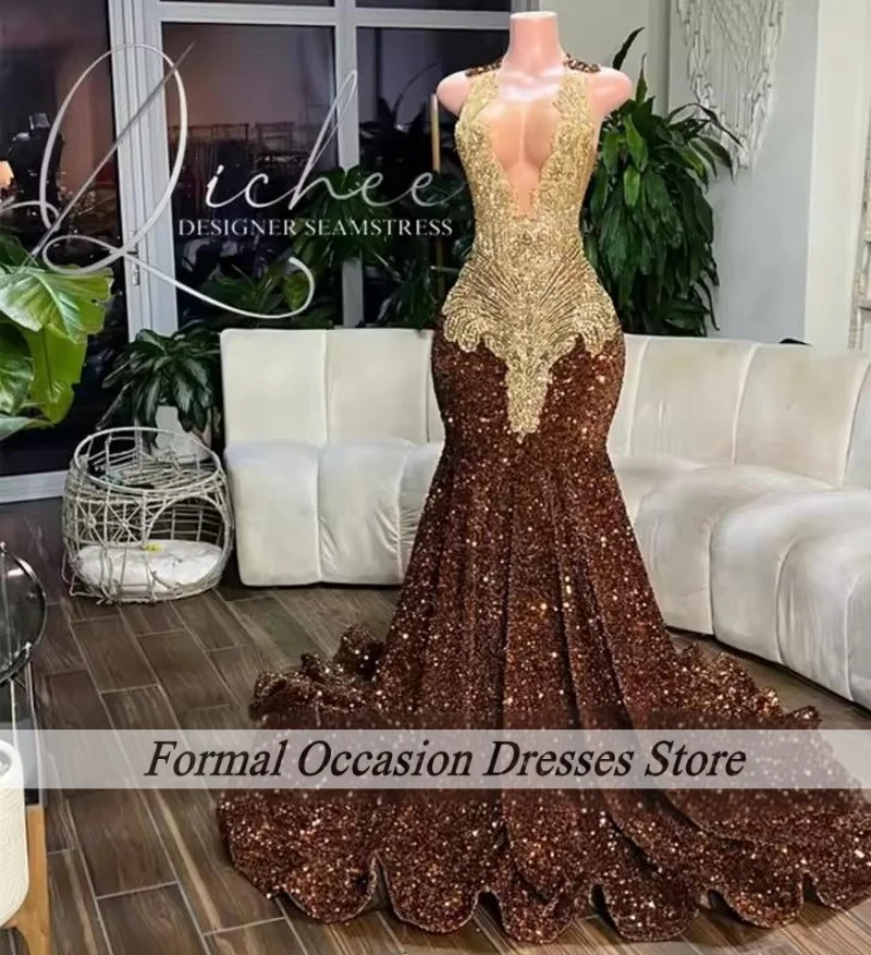 Glitter Brown Prom Dresses 2025 Sequins Crystal Mermaid Party Gowns Rhinestones Long Birthday Dress Black Girls Robe Customized