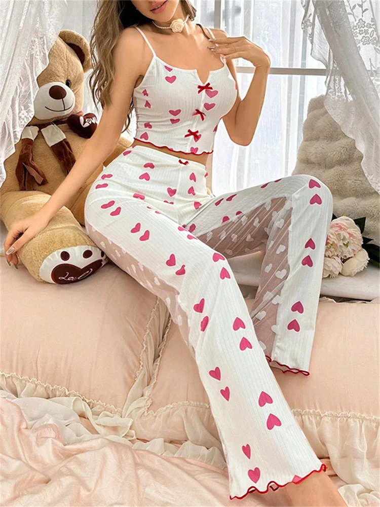 SFY-Y1263 Custom Women Printed 2 Piece Pajamas Set Sexy Sheer Mlesh Patchwork Camisole Crop Top And High Waist Pants Homewear