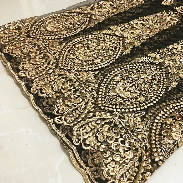 Mesh Lace Golden Three-Dimensional Embroidery Fabric, High-end Custom Apparel Fabrics, Encrypted Embroidery, Skirt Cloth