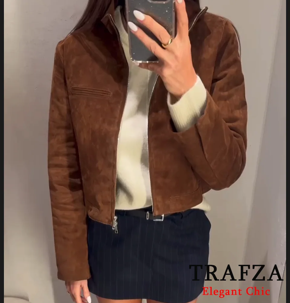 TRAFZA Women Suede Brown Coat Zipper Stand-Collar Slim Coat New 2025 Spring Fall High Street Charming Vacation Casual Jacket