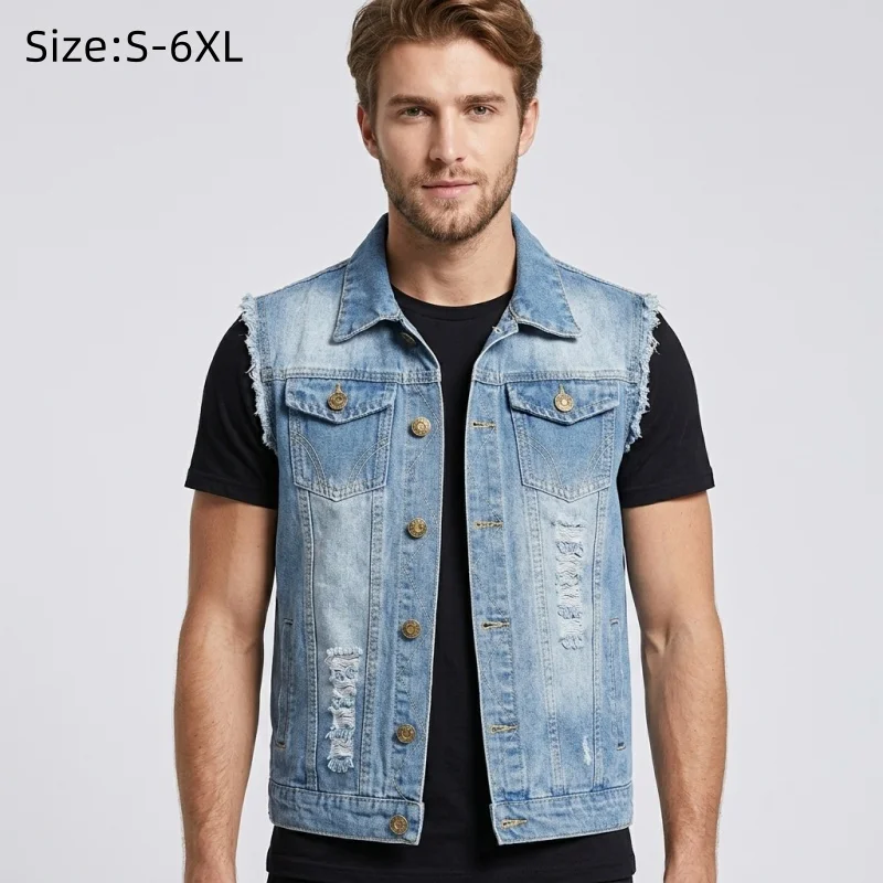 Denim Waistcoat Men Blue Jeans Sleeveless Jacket Scratched 6XL 5XL Autumn Slim Hip Hop Cowboy Ripped Vest Plus Size Male Veste