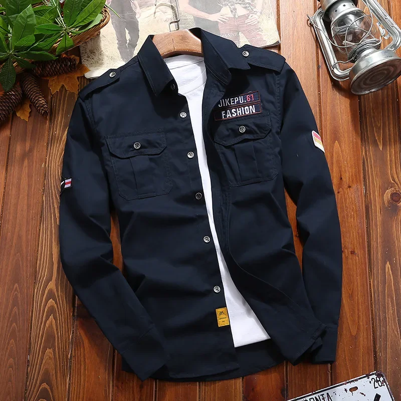 Men\'s Shirts Khaki Vintage Jacket Korean Shirt Cotton Casual Military Slim Fit with Pocket Long Sleeve Streetwear Drop Shipping