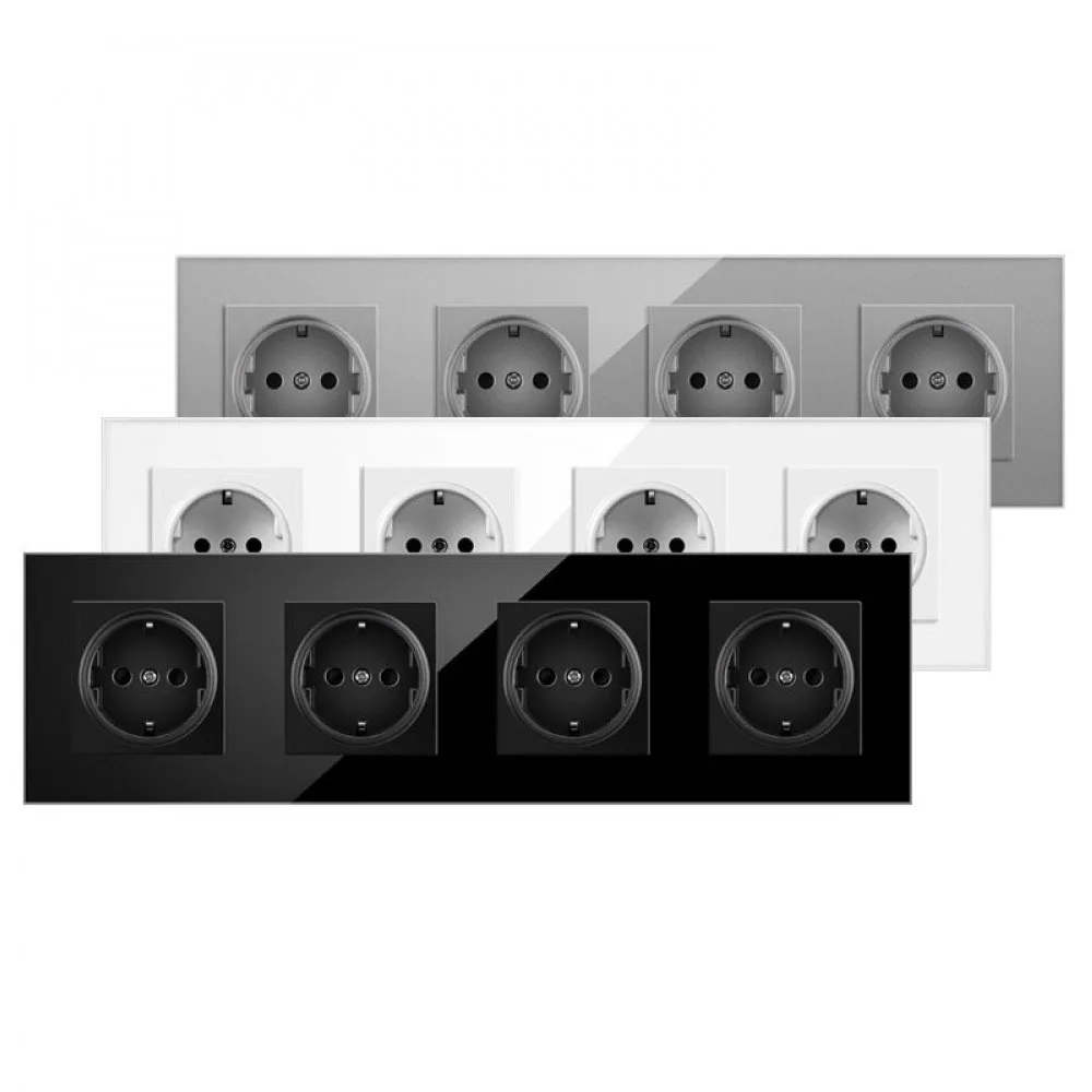 EU Power Socket Plug 4 Way Crystal Glass Wall Panel 16A European Standard Power Socket PC Flame Retardant Power Socket
