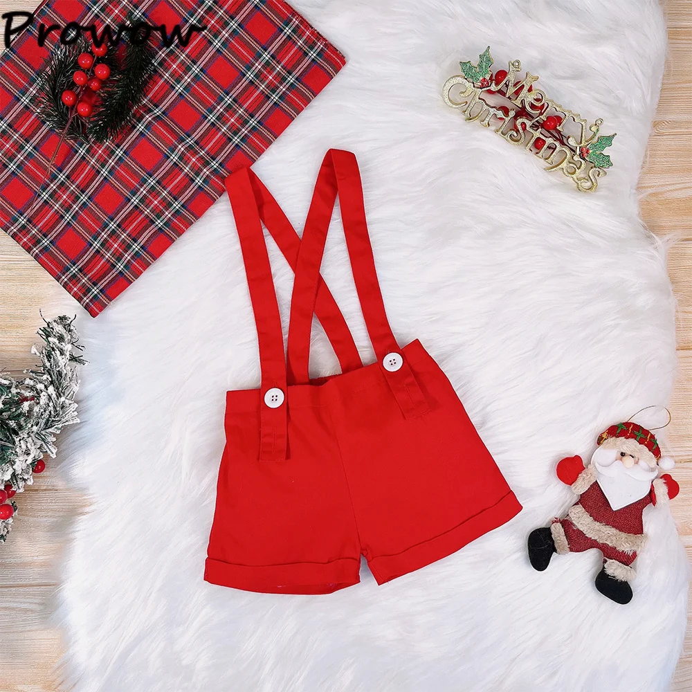 Prowow My First Baby Boys Christmas Outfits Animals Print Bodysuit and Red Suspender Shorts New Year Baby Costume Boys Sets