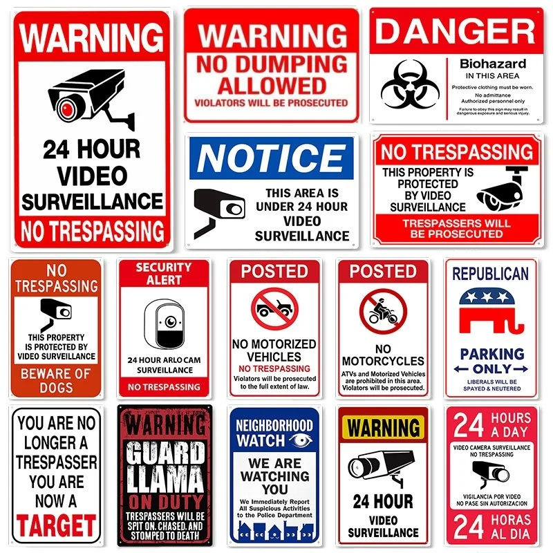 Metal Sign No Trespassing Tin Warning Sign 24 Hour Video Surveillance Property Poster Plate Yard Rigid Safety Sign