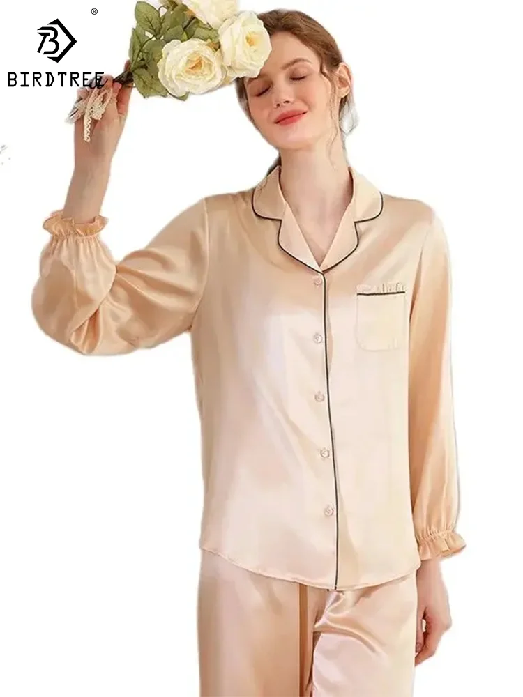 BirdTree 19MM 100%Mulberry Silk Pajama Set, Women's Lapel Ruched Sleeve, Elegant Casual Loungewear, 2024 Spring New S419111QM