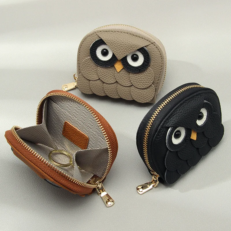 Hot Sale First Layer Cowhide Owl Coin Purse, Mini Zipper Wallet for Coins Cards Keys Lipstick, Cute Animal Pouch for Women Girls