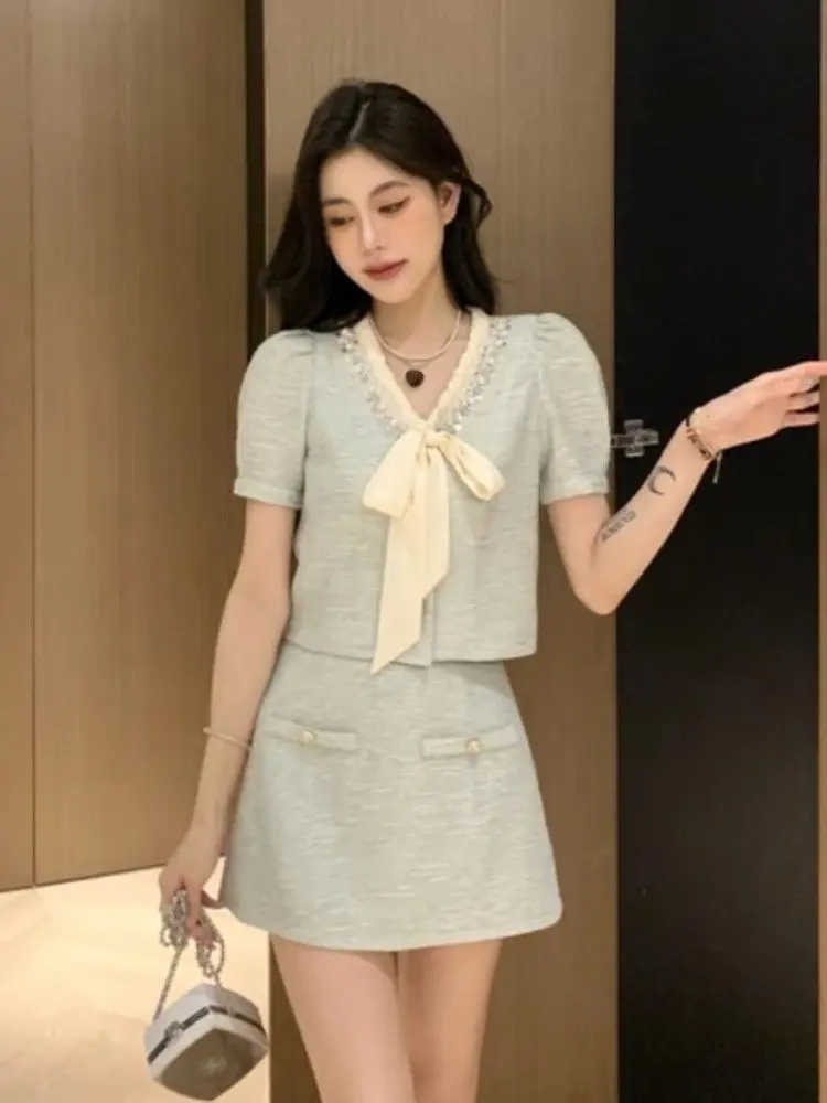 Summer French Skirt Set For Women's Light Luxury Beading Shirt Top + Mini Skirt Two Piece Sets Lady Fashion Sweet 2 Piece Suits