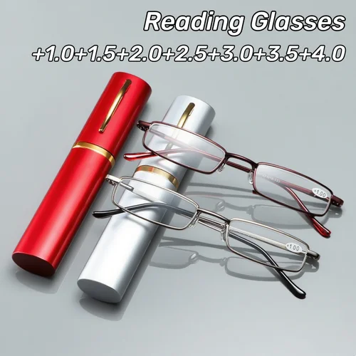 Gafas de lectura antiluz azul para hombres y mujeres, marco de Metal, portalápices HD portátil, gafas ultraligeras, gafas de protección ocular