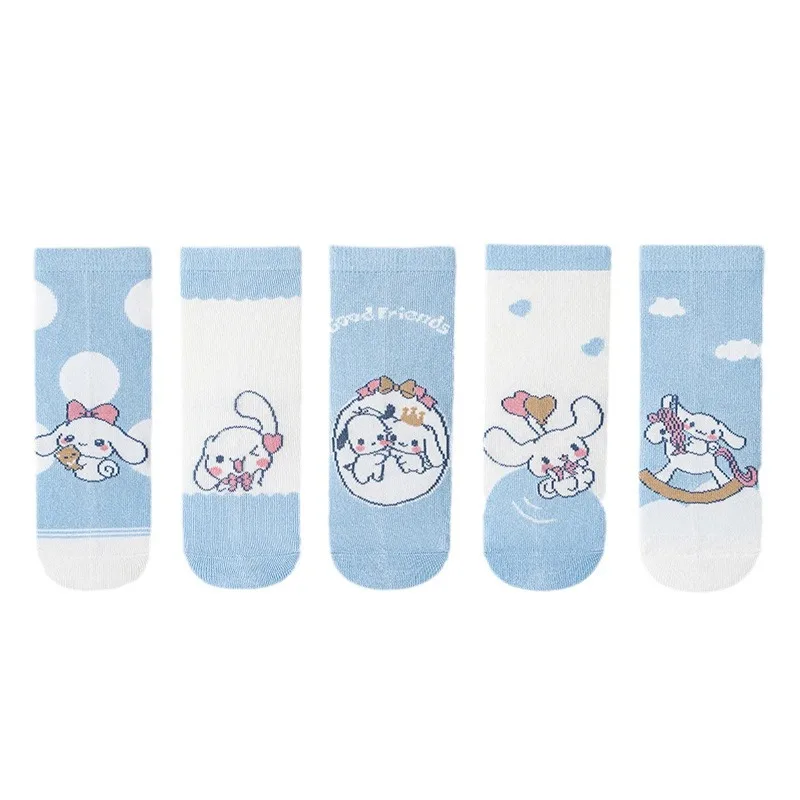 Meias de algodão Sanrio Cinnamoroll meio bezerro para meninas, meias infantis kawaii dos desenhos animados, novos presentes para crianças, outono e inverno, 5 pares