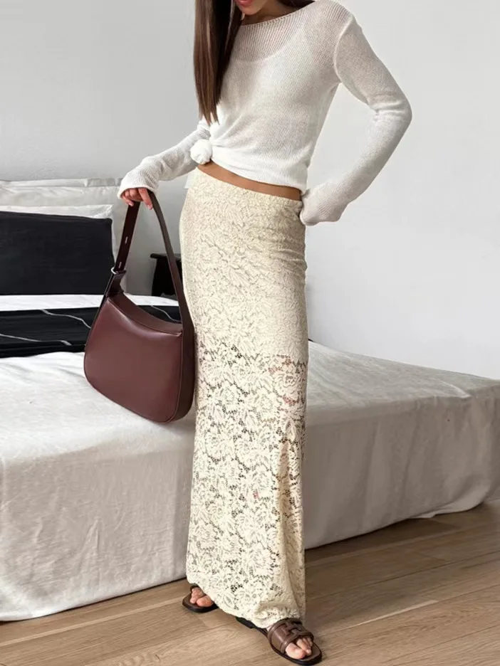 

Sexy Lace f Skirt in Beige Floral Embroidery Transparent Design Cotton Lace Midi Skirt for Women Commute Sle Slim Fit A-...
