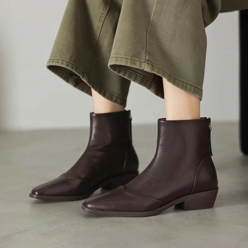 NEW Autumn/Winter Women Boots Square Toe Chunky Heel Shoes Genuine Leather Leather Shoes for Women Zip Ankle Boots Daily Shoes